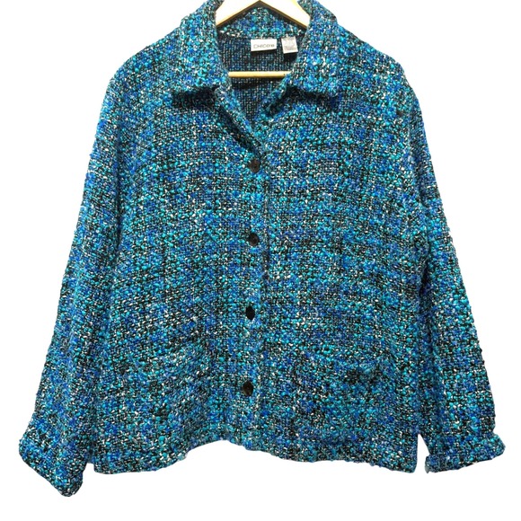 Chicos 3 Womens Jacket XL Blue Black Boucle Tweed Button Front Classic Preppy - Picture 1 of 8